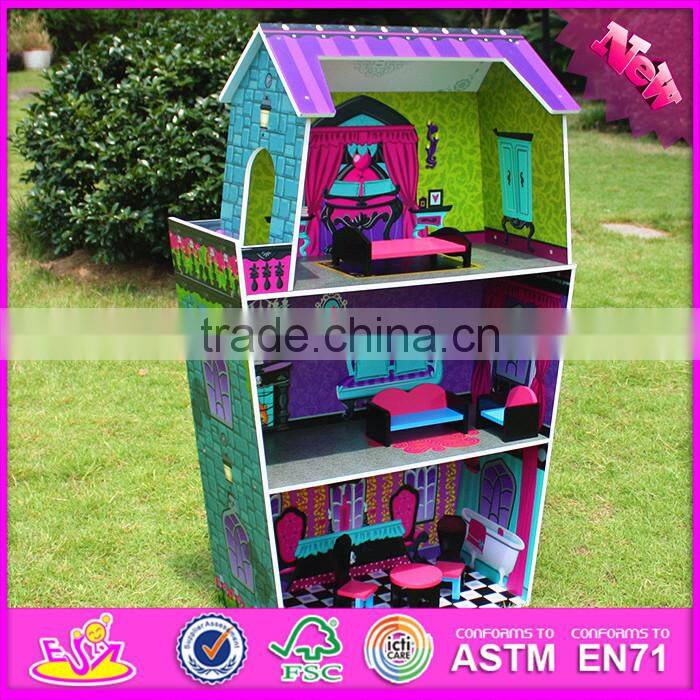 2016 new design beautiful kids wooden big doll house W06A160