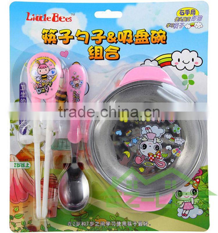 Stainless steel food feeding bowls with spoon and plastic chopsticks kids tableware set