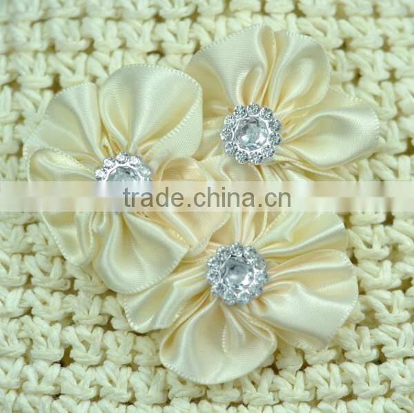 handmade satin flower with rhinestone center for kids hair accessories