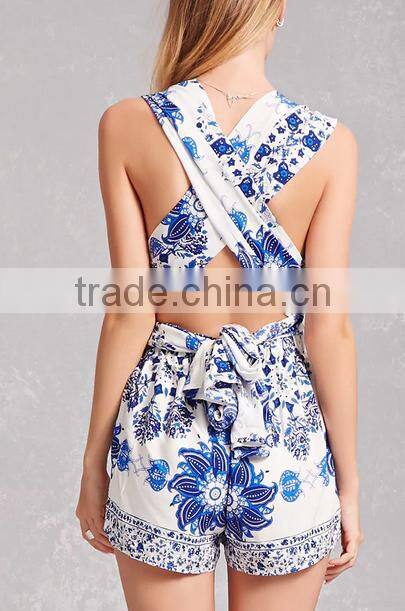 Sexy blue v neck women halter romper