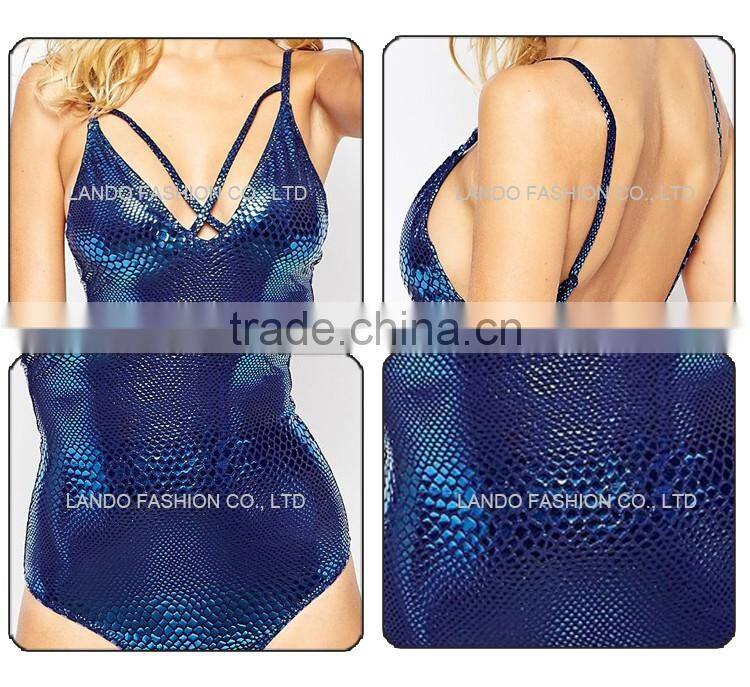 Metallic Foil Snake Print Lattice women bodysuit