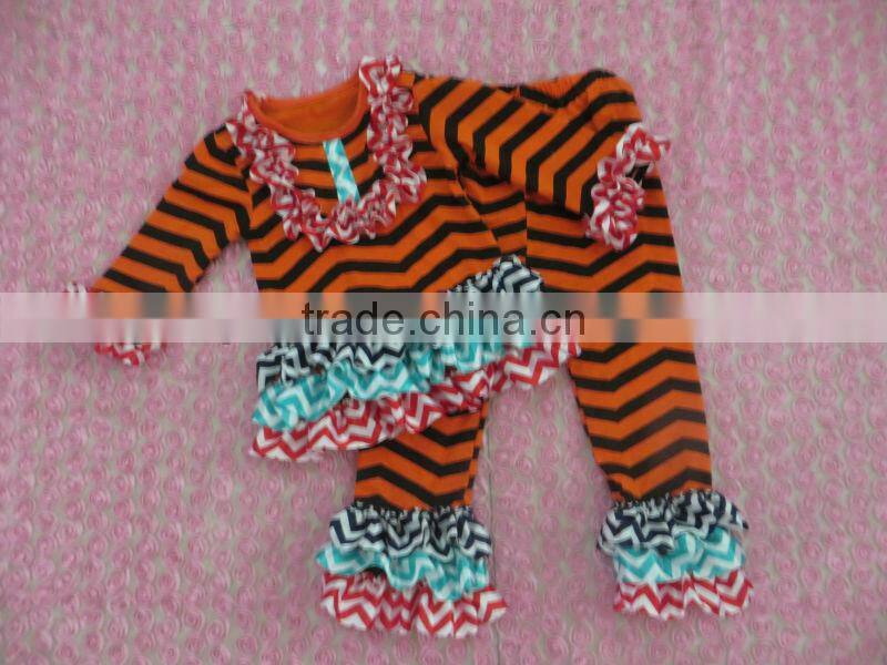 Persnickety Baby Girls Cotton Halloween Outfit Boutique Kids Yellow Stripe Long Sleevs Shirt with Brown Tripe Ruffle Pant Sets