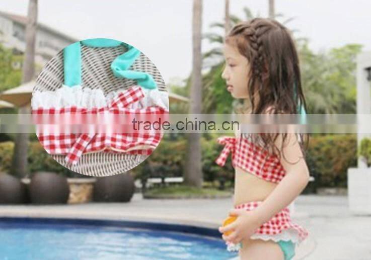 Gingham swimsuit with lace trimming little girl sling swimwear summer bikini
