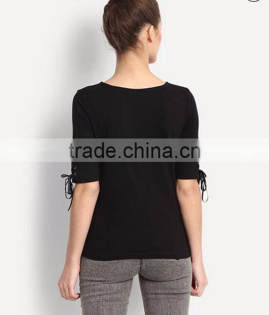 OEM lady blank t-shirt women tie up sleeve t shirt with wholesale price china