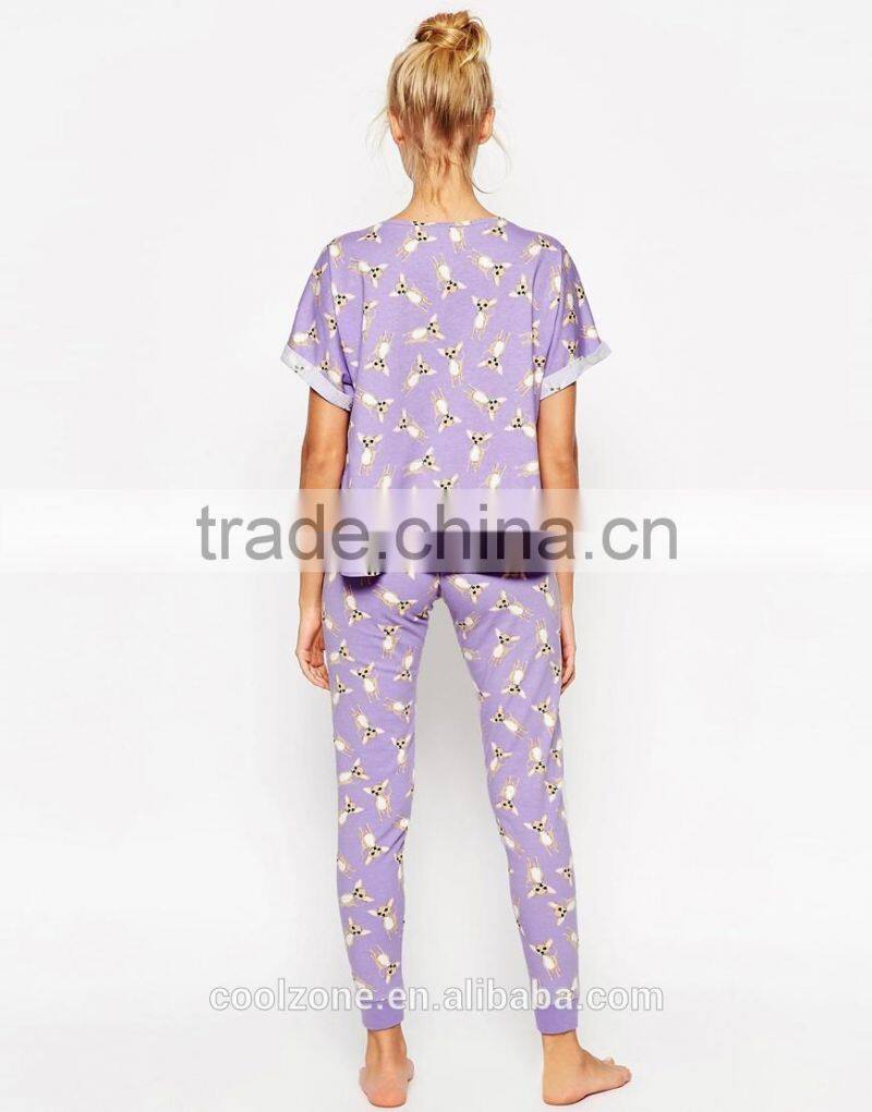 100% Cotton soft touch jersey pajama set women print pajama