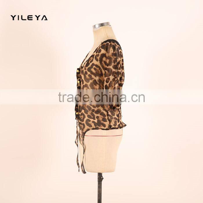 fashion butterfly style leopard printed casual ladies korean chiffon blouse 2015