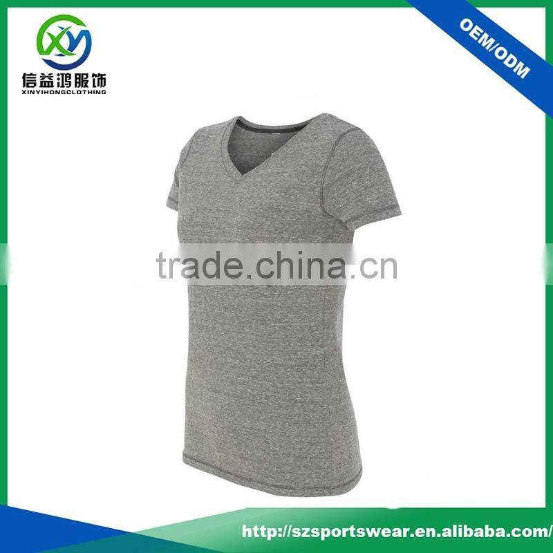 High quality basic design v-neck polyester / cation women's t-shirt
