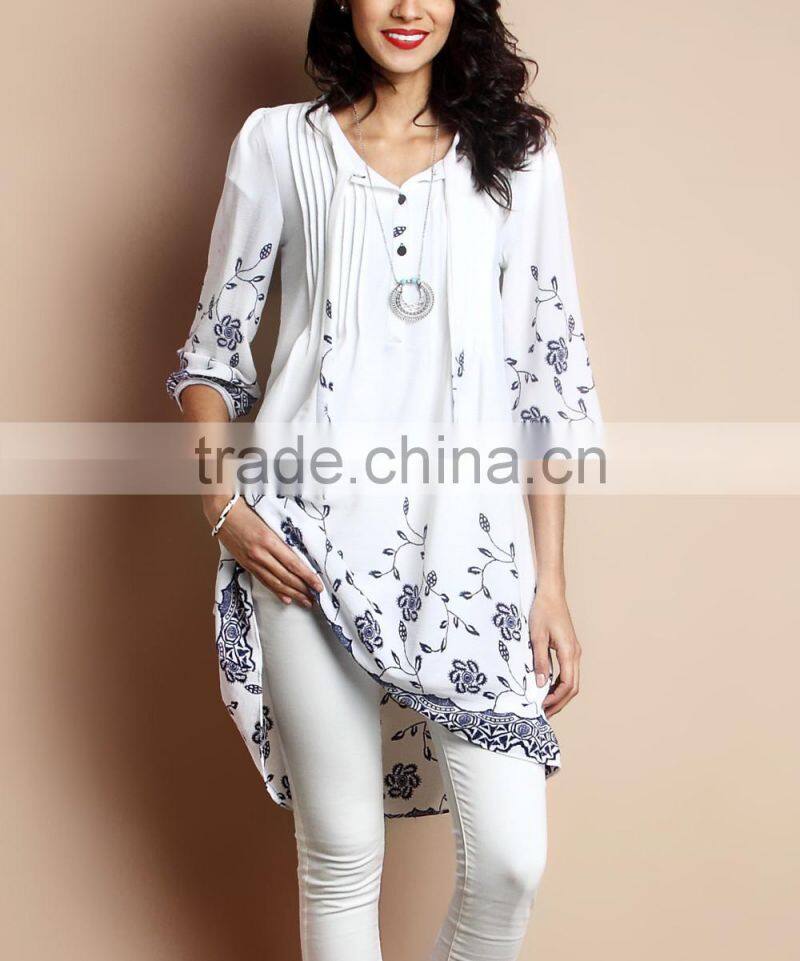 Hot Selling Women Dresses With White Floral Chiffon Tie-Front Hi-Low Tunic Dress Women Flower Dress Women Wear GD90426-21
