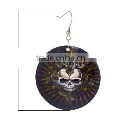 Silver Tone Hook Round Dark Blue Halloween Skull Fashion Shell Dangle Earrings 6.8cmx4.5cm