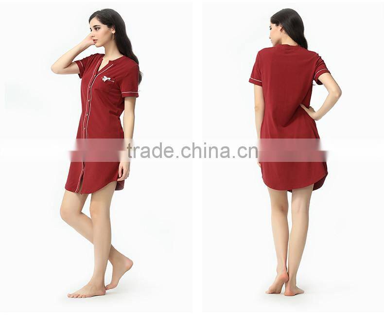 Logo printed Qianxiu Men Women Red Navy Blue Placket Short Sleeved Sexy Nighty for Honeymoon