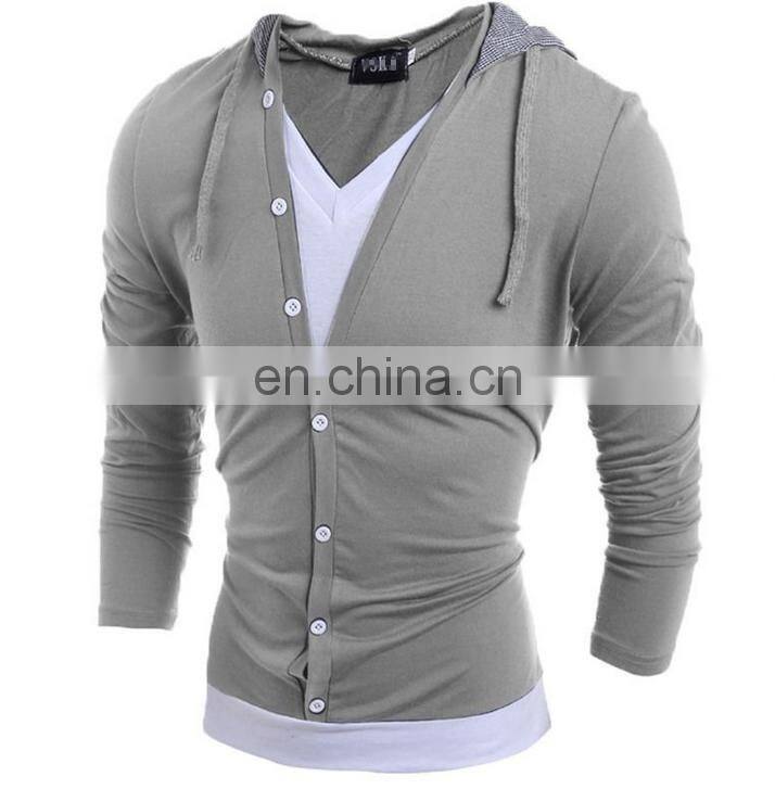 New Fashion Mens V Neck Long Sleeve Slim Fit Hooded Casual T-Shirt Tops Tee Shirts
