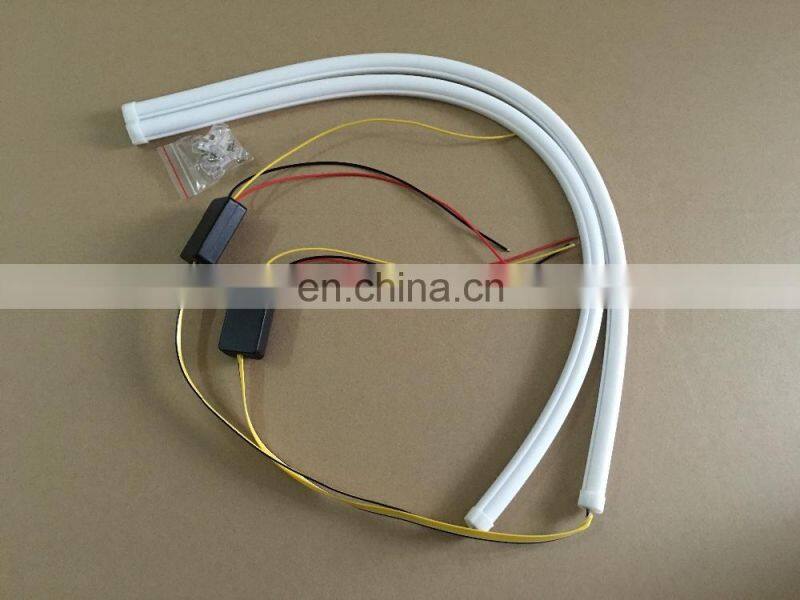 universal 2x60cm car led flexible DRL with running turn signal car headlight flow turn light