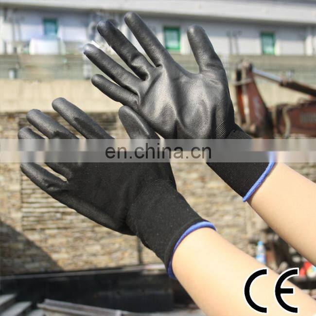 HY EN 388 13 gauge nylon black pu coated safety protective black pu coated work pu gloves