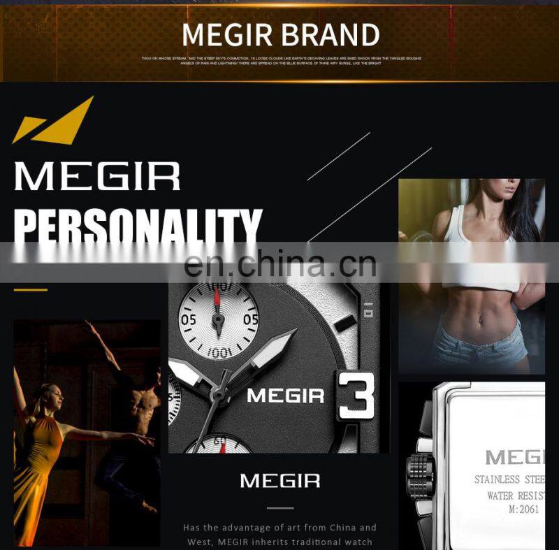 Megir 2061 Men Quartz Watches Luxury Chronograph Clock Men Leather Sport Army Military Wristwatch Quartz
