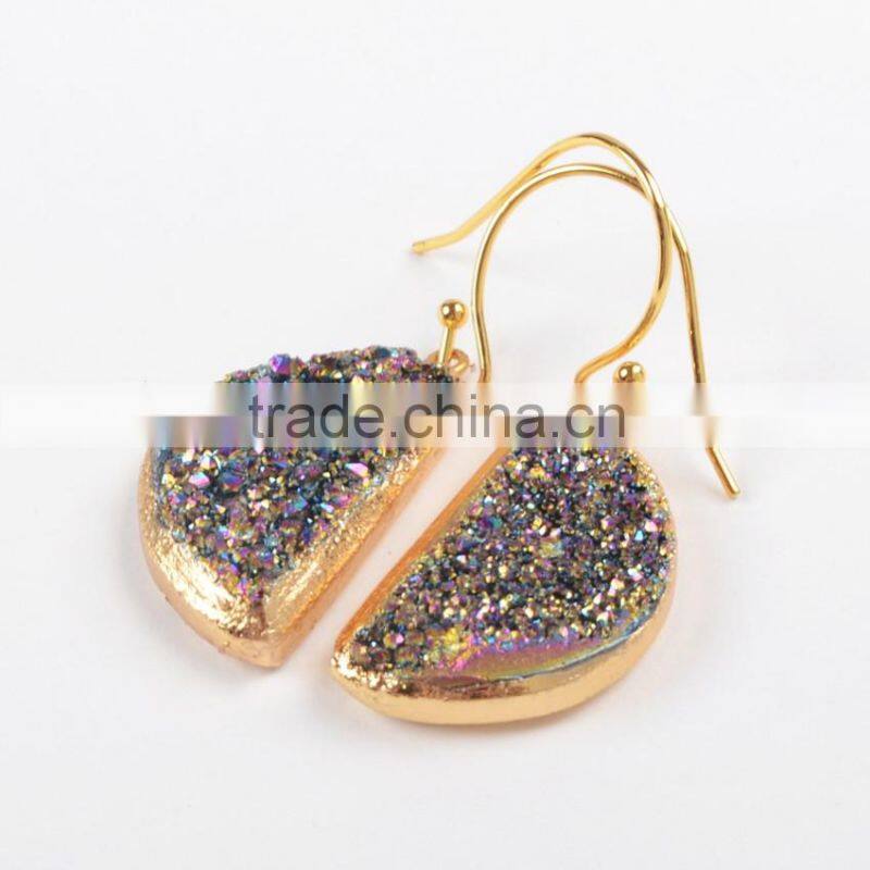 Fashion women Jewelry Hoop Titanium Rainbow Druzy diamond Earring models 18K Gold Plated earring
