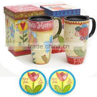 Spring Flower design Ceramic Travel Mug with coaster Ceramic Mug