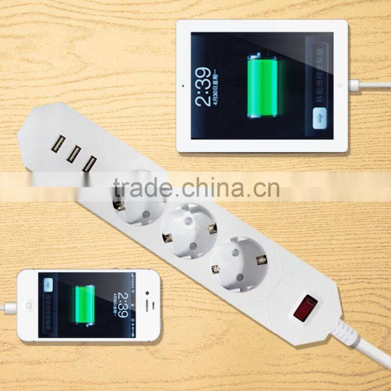 Euro German 3 way power plug socket 3 port usb 100v-250v 16a cable voltage surges protected
