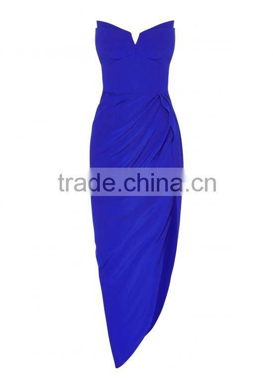 Lady's silk crepe de chin long strapless evening dress