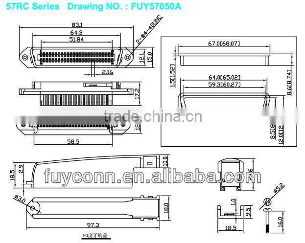 TYCO AMP Centronics Champ Solder 50 Pin Male Plug Header Connector with All Right Angel Plastic Cover