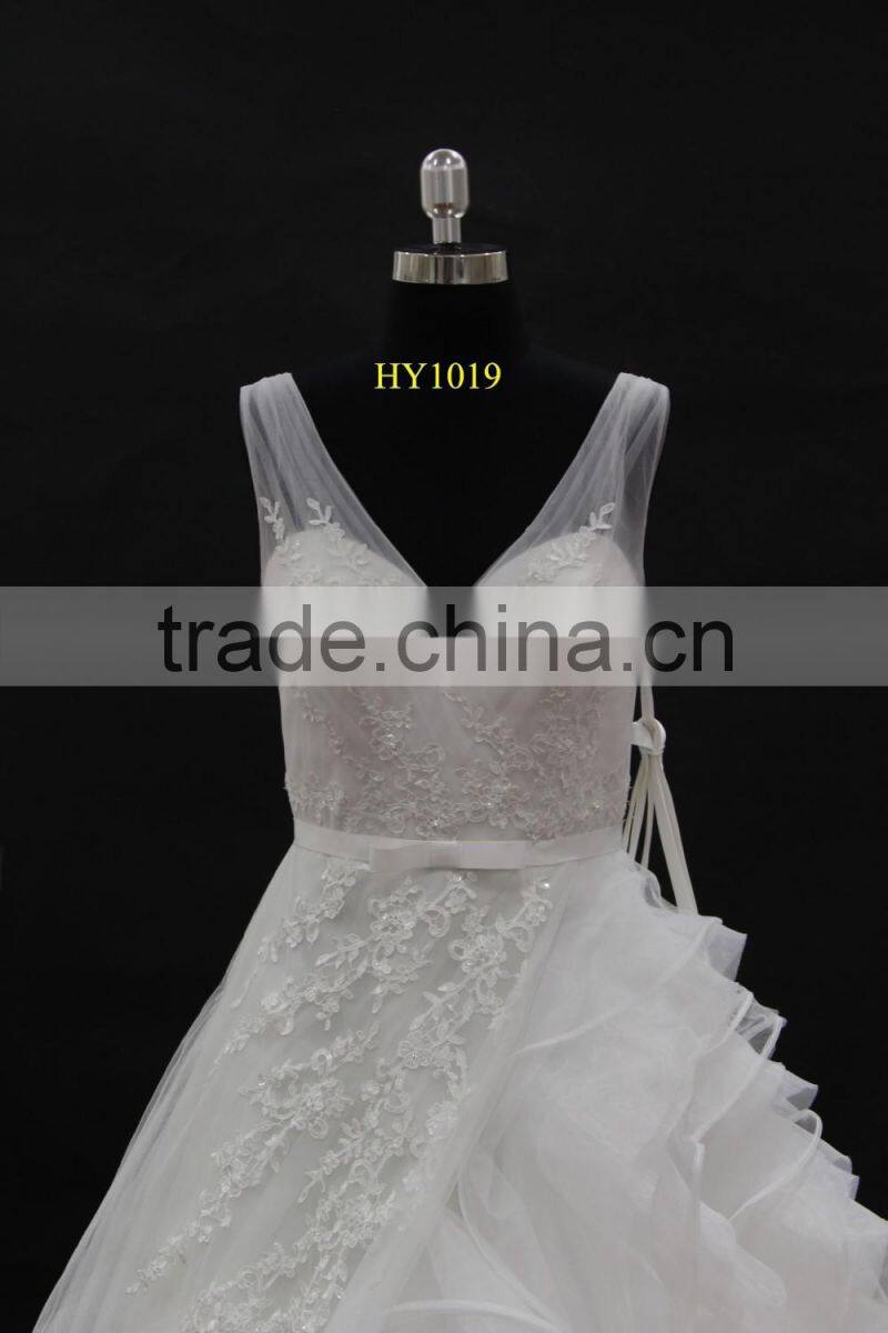 factory real sample! High quality two tulle straps nice design organza ruffle skirt lace wedding dress