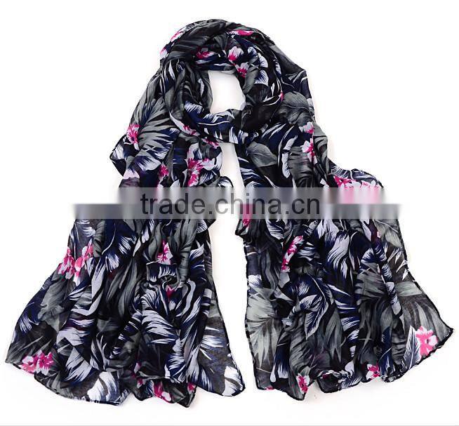 Newest style fashion flower printed silk scarf painting ladies chiffon scarf