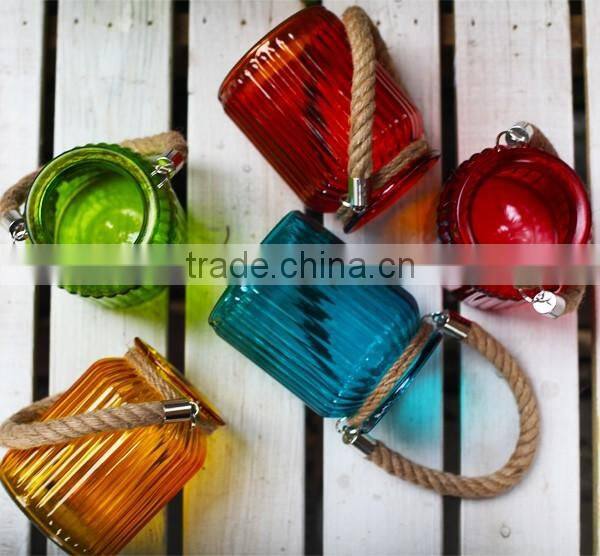 Eco-friendly decor home recyclable glass candle holder with rope handle
