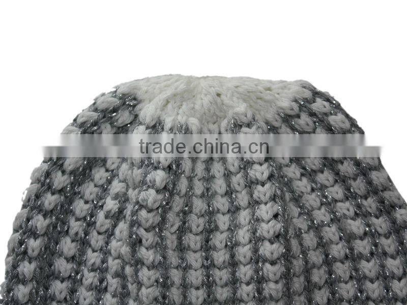 lurex popcorn knit cap hat beanie with rib cuff for women