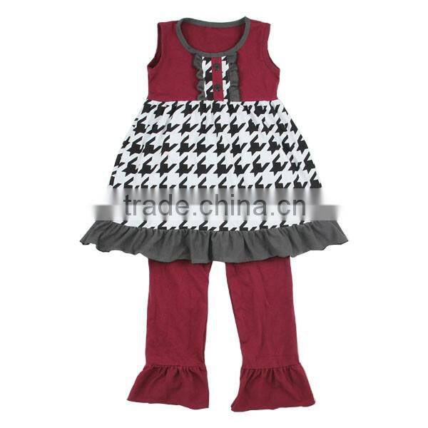 Wholesale 2016 children outfit Houndstooth printed dress match wine triple ruffle pants clothing set baby girl fall clothes
