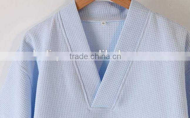 100% Cotton Waffle Robe Blue Waffle Bathrobe Thin Robe For Summer and Spring Hotel Bathrobe