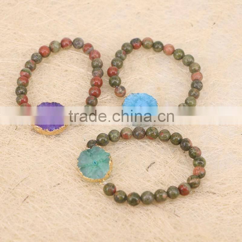 Natural Unakite Stone Beaded Bracelets, Solar Quartz Connector Beads Druzy Gemstone Bracelets