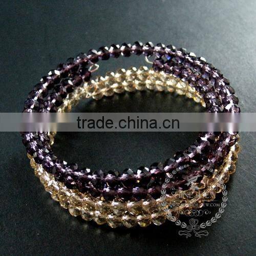 silver flower charm purple,champagne colour crystal faceted glass beads 2 layers wiring bangle fashion bracelet 6490053