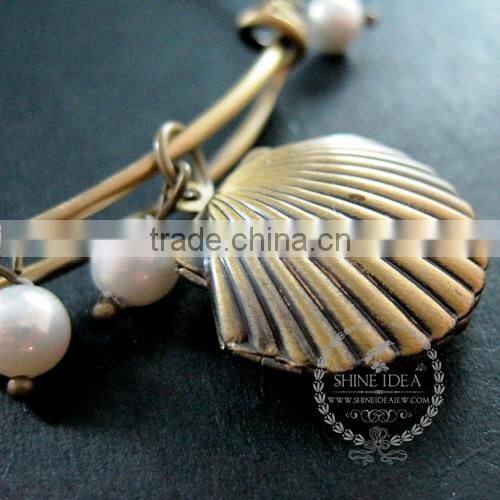 vintage bronze antiqued shell photo locket with white pearl beads wish charms fashion women wiring bangle bracelet 6450042