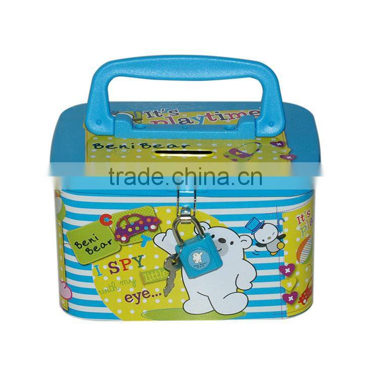 Tinplate money bank with handle and lock