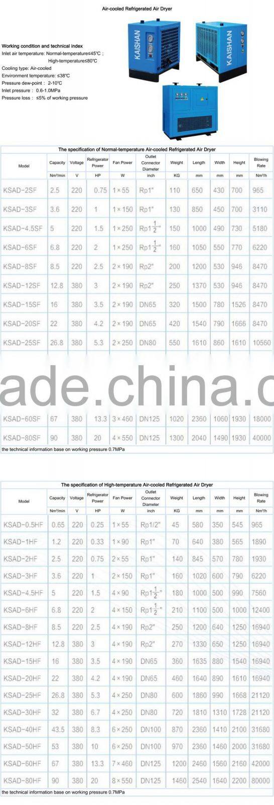 Stable and efficiency normal temperature air-cooled refrigerated pressure air dryer for air compressor