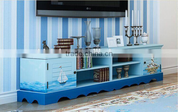 Mediterranean Style TV Cabinet, Sailing Boat Handpainting TV Stand, Solid Wood Living Room TV Cabinet (BF01-X1156)