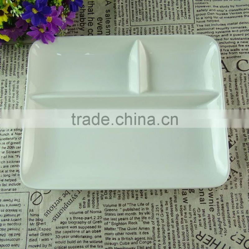 Square white porcelain divided fruit plate, cheap stock porcelain dinner plate for restaurant or hotel plate