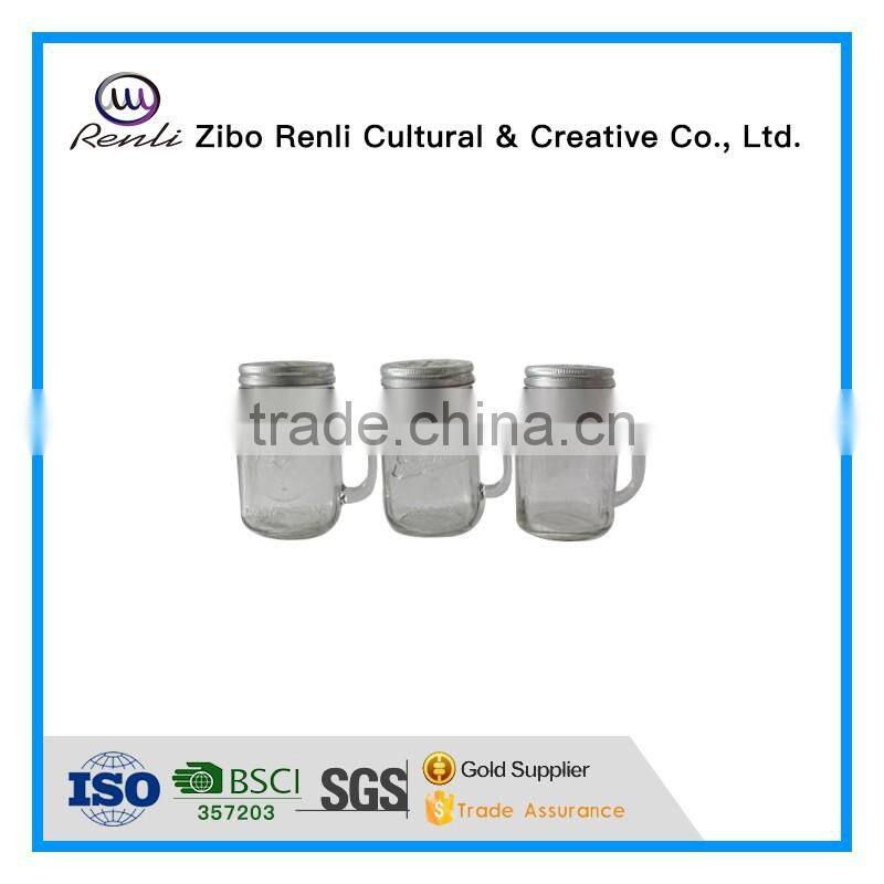 16oz Clear Glass Hanging Mason Jar with Handle and Medtal Lid for Liquid