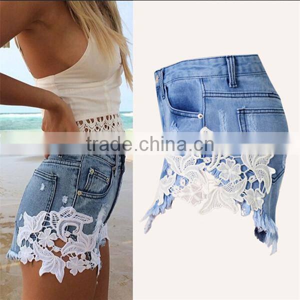 Bohemia style women high waist ripped jeans lace shorts