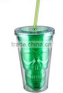 16oz colorful Skull plastic double wall tumbler with lid and straw