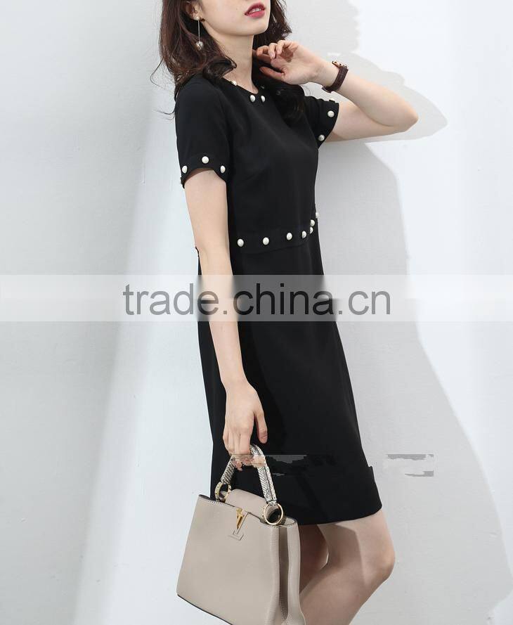 guangzhou oem clothing white pearl embellishment dresses short sleeve black slim dress