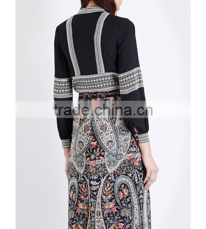 Wholesale Women High Neck Long Sleeves Buttoned Cuffs Geometric Embroidery Crepe Shirt(DQE0163T)