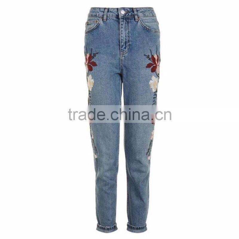 New Arrival Most Popular Spandex Washed Moto Floral Embroidered Straight Leg Jeans for Women