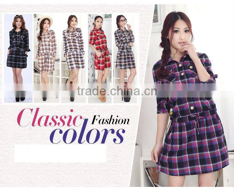 Womens loose Blue green check long sleeve dress with two chest pockets and button up