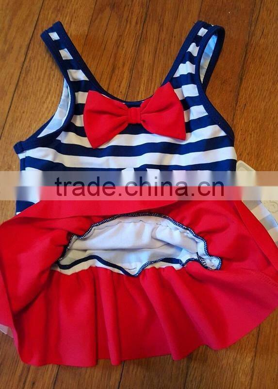 Blue and white stripes one piece suit baby swimwear with a bowknot