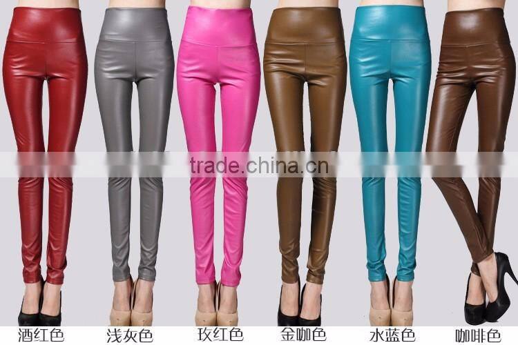 wholesale plain womens tight pants/sexy faux leather high waist leggings stretch PU pants laides skinny trousers