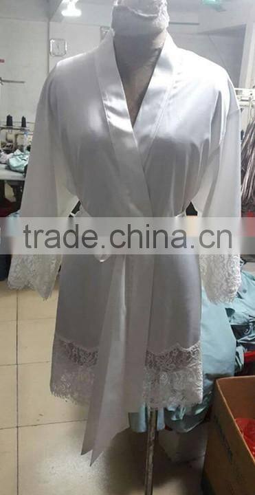 Customize ladies luxury silk satin knee length robe, sexy lace trim long sleeve kimono robe,