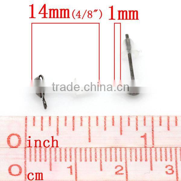 Earring Findings Ear Studs Round Gunmetal W/Stoppers&Loop 14x7mm,500 Pairs