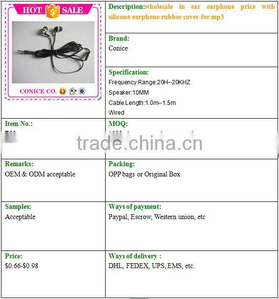 wholesale in ear earphone price with silicone earphone rubber cover for mp3