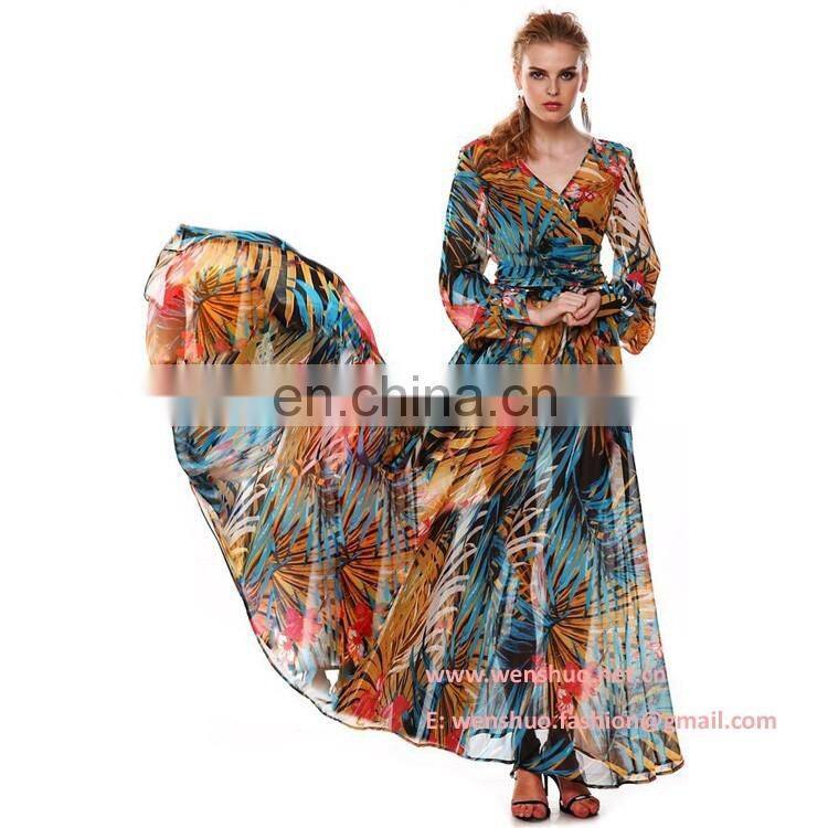 Hot Selling Big Flap Printed Long Sexy Women Chiffon Dress