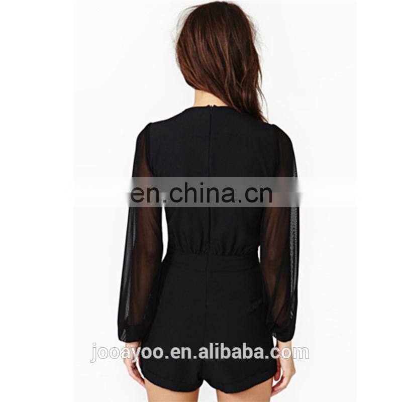 Fashion Women Ladies Black V Neck Sheer Mesh Chiffon Jumpsuit